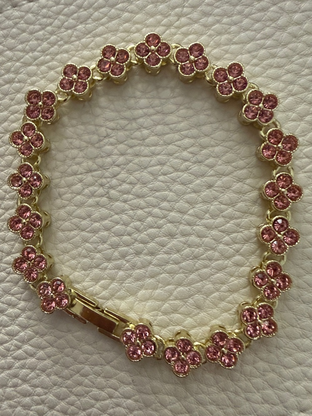 Gold and Pink Floral Crystal Bracelet - 7”